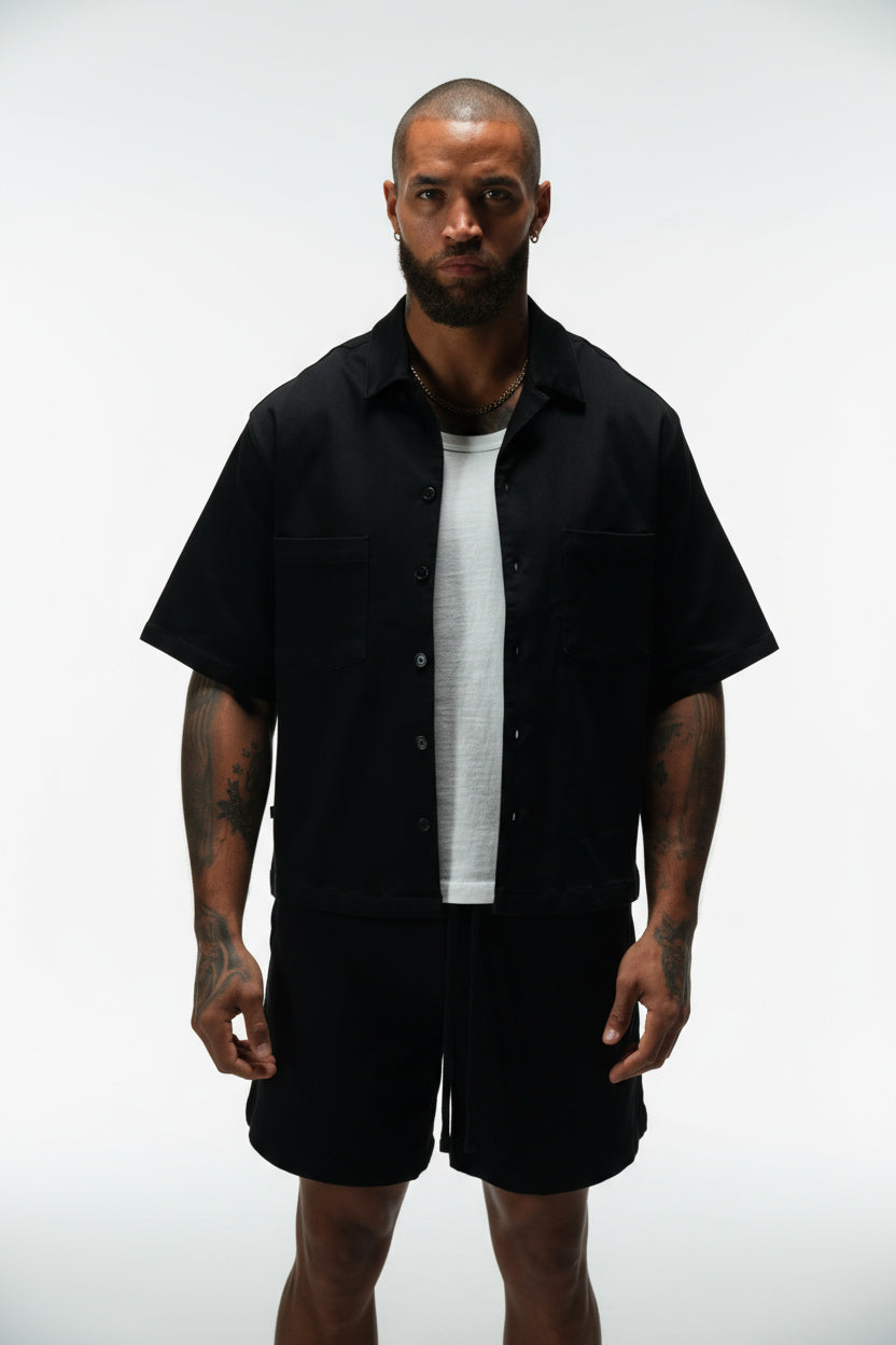 INTENTION CROPPED CUBAN BUTTON DOWN SHIRT - BLACK