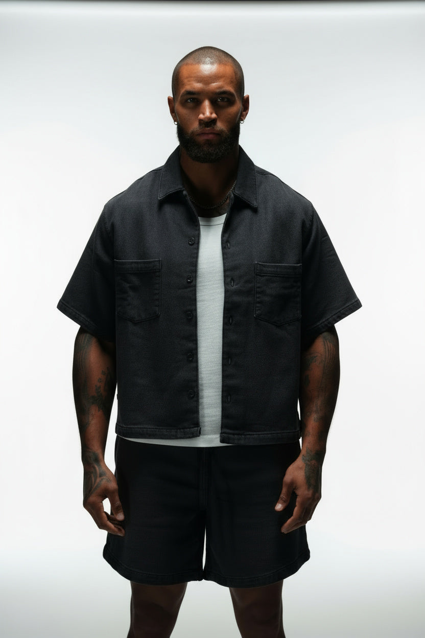 DOMINATE CROPPED CUBAN BUTTON DOWN SHIRT - DARK GREY