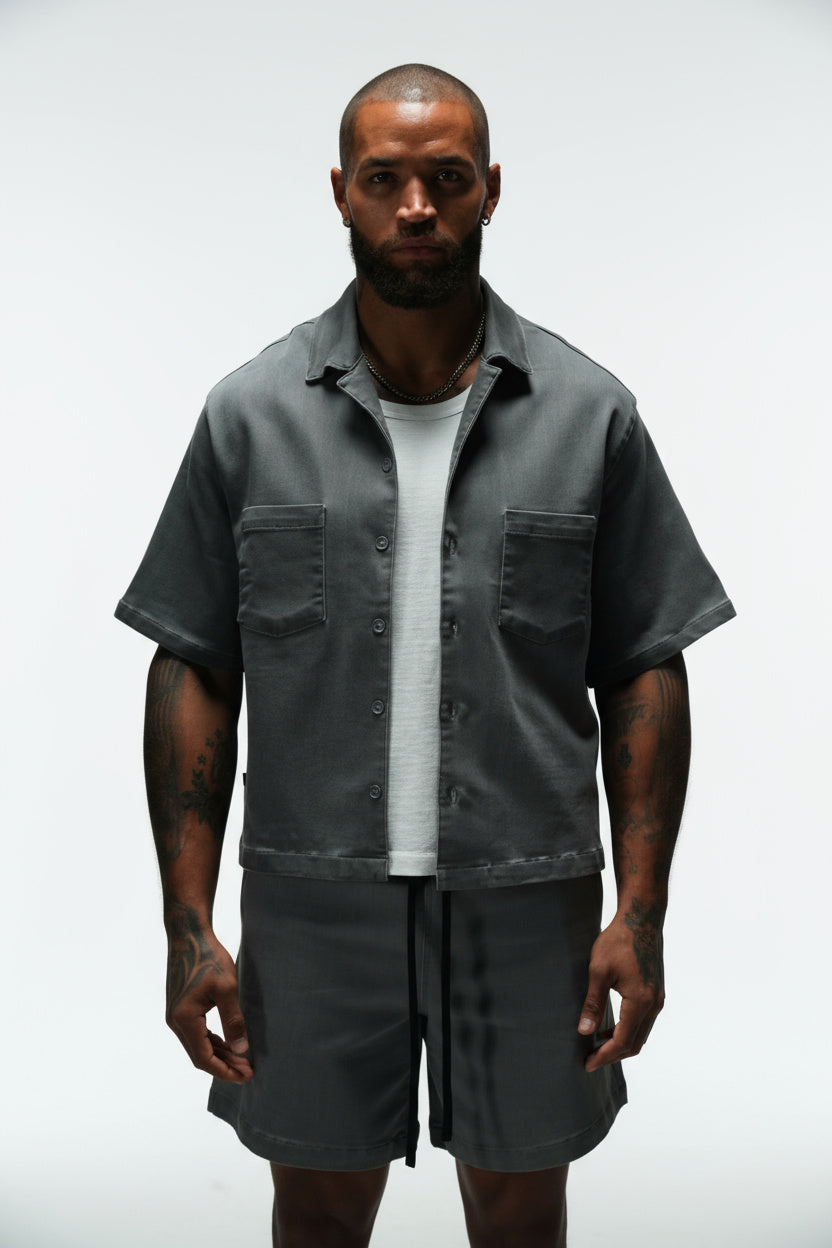HOMAGE CROPPED CUBAN BUTTON DOWN SHIRT - LIGHT GREY