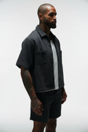 DOMINATE CROPPED CUBAN BUTTON DOWN SHIRT - DARK GREY
