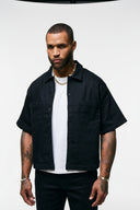 CROPPED CUBAN KNIT BUTTON DOWN SHIRT - BLACK
