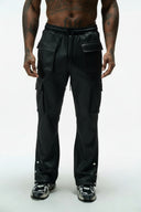 LEGEND FAUX LEATHER PLISSE SNAP CARGO PANT - BLACK