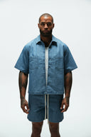HEIR CROPPED CUBAN BUTTON DOWN SHIRT - MEDIUM BLUE