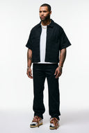 CROPPED CUBAN KNIT BUTTON DOWN SHIRT - BLACK