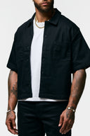 CROPPED CUBAN KNIT BUTTON DOWN SHIRT - BLACK