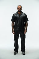 LEGEND FAUX LEATHER PLISSE SNAP CARGO PANT - BLACK