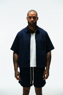 PURPOSE CROPPED CUBAN BUTTON DOWN SHIRT - NAVY