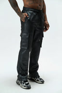 LEGEND FAUX LEATHER PLISSE SNAP CARGO PANT - BLACK