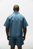 HEIR CROPPED CUBAN BUTTON DOWN SHIRT - MEDIUM BLUE