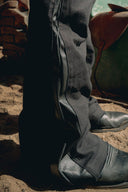 CANVAS FAUX LEATHER FLARED PANT - BLACK