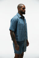 HEIR CROPPED CUBAN BUTTON DOWN SHIRT - MEDIUM BLUE