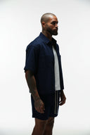 PURPOSE CROPPED CUBAN BUTTON DOWN SHIRT - NAVY