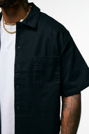 CROPPED CUBAN KNIT BUTTON DOWN SHIRT - BLACK