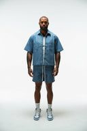 HEIR CROPPED CUBAN BUTTON DOWN SHIRT - MEDIUM BLUE